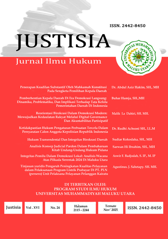 					View Vol. 24 No. 24 (2025): Justisia, Volume XVI No. 24 November 2025
				